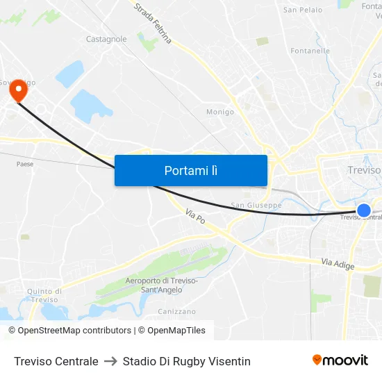 Treviso Centrale to Stadio Di Rugby Visentin map