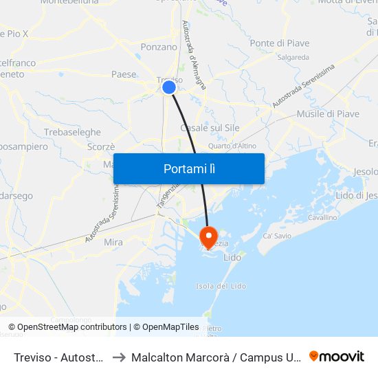 Treviso - Autostazione to Malcalton Marcorà / Campus Umanistico map