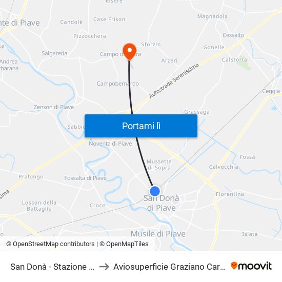 San Donà - Stazione FS to Aviosuperficie Graziano Carrer map