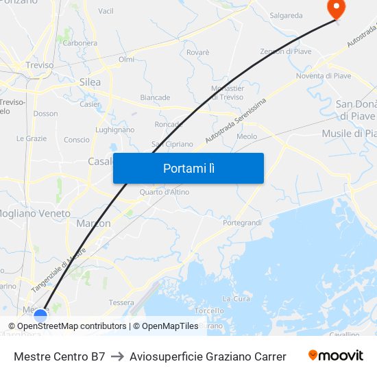 Mestre Centro B7 to Aviosuperficie Graziano Carrer map