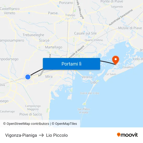 Vigonza-Pianiga to Lio Piccolo map