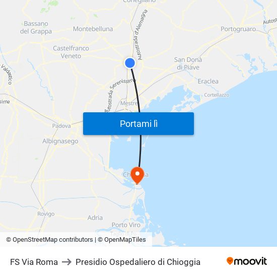 FS Via Roma to Presidio Ospedaliero di Chioggia map