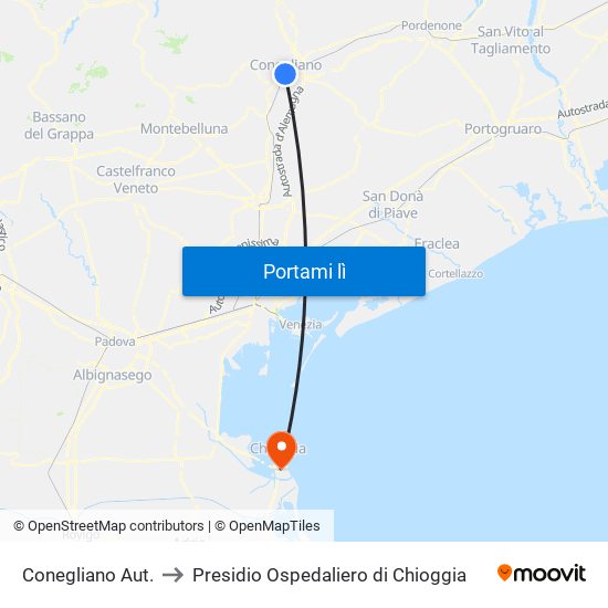 Conegliano Aut. to Presidio Ospedaliero di Chioggia map