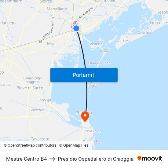 Mestre Centro B4 to Presidio Ospedaliero di Chioggia map