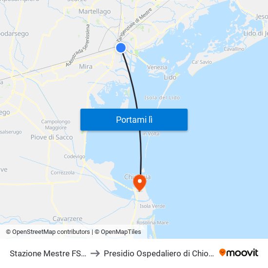 Stazione Mestre FS C3 to Presidio Ospedaliero di Chioggia map