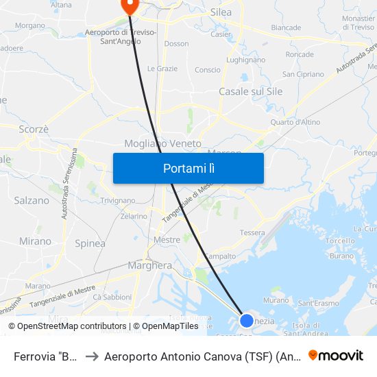 Ferrovia "B" (Scalzi) to Aeroporto Antonio Canova (TSF) (Antonio Canova Airport) map