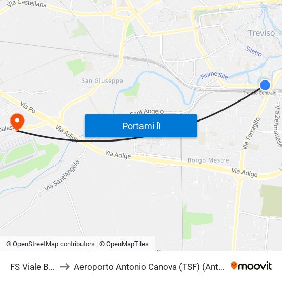 FS Viale Bandiera to Aeroporto Antonio Canova (TSF) (Antonio Canova Airport) map