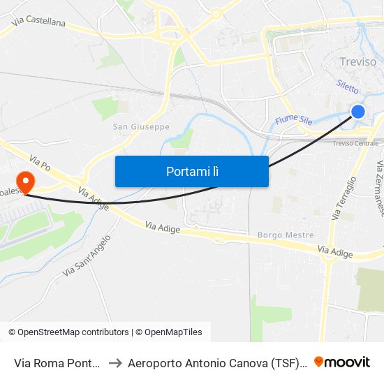 Via Roma Ponte San Martino to Aeroporto Antonio Canova (TSF) (Antonio Canova Airport) map