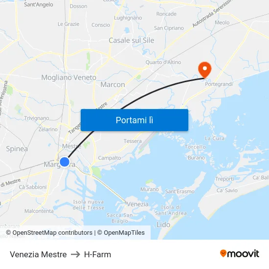 Venezia Mestre to H-Farm map