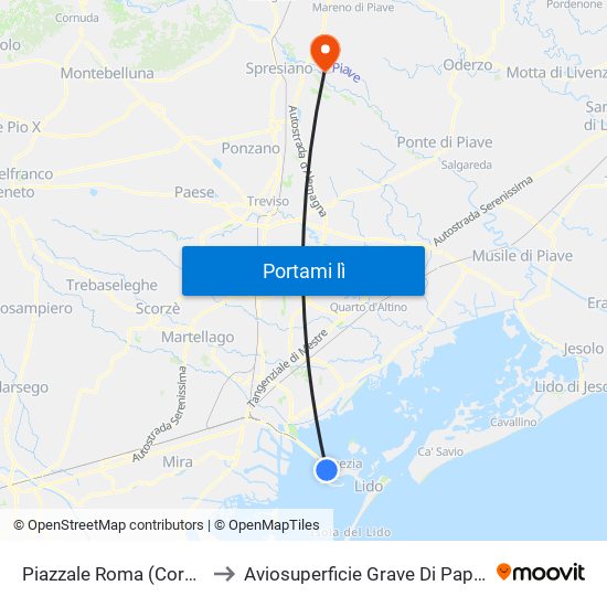 Piazzale Roma (Corsia A5) to Aviosuperficie Grave Di Papadopoli map