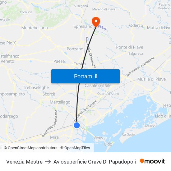 Venezia Mestre to Aviosuperficie Grave Di Papadopoli map