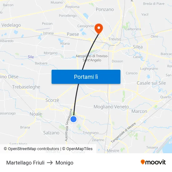 Martellago Friuli to Monigo map