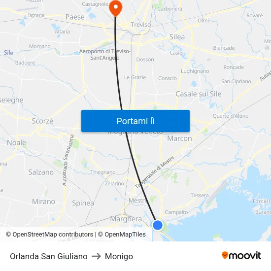 Orlanda San Giuliano to Monigo map