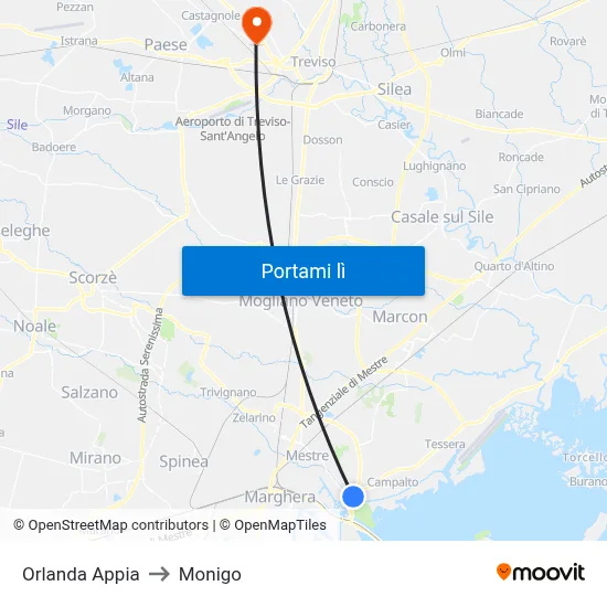 Orlanda Appia to Monigo map