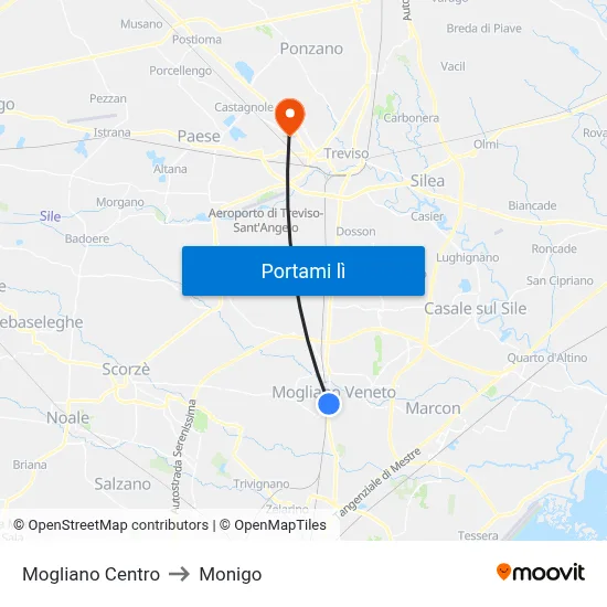 Mogliano Centro to Monigo map