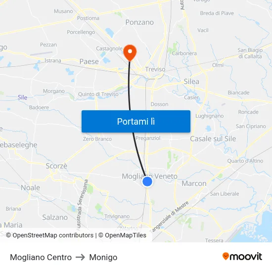Mogliano Centro to Monigo map