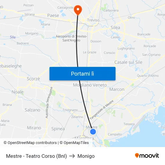 Mestre - Teatro Corso (Bnl) to Monigo map