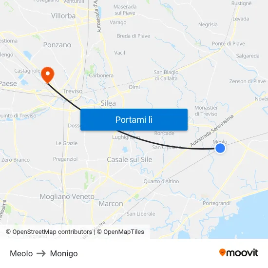 Meolo to Monigo map