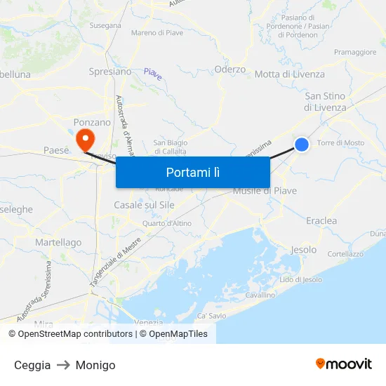 Ceggia to Monigo map