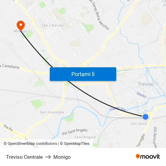 Treviso Centrale to Monigo map
