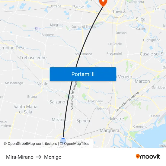 Mira-Mirano to Monigo map