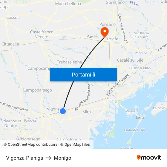 Vigonza-Pianiga to Monigo map
