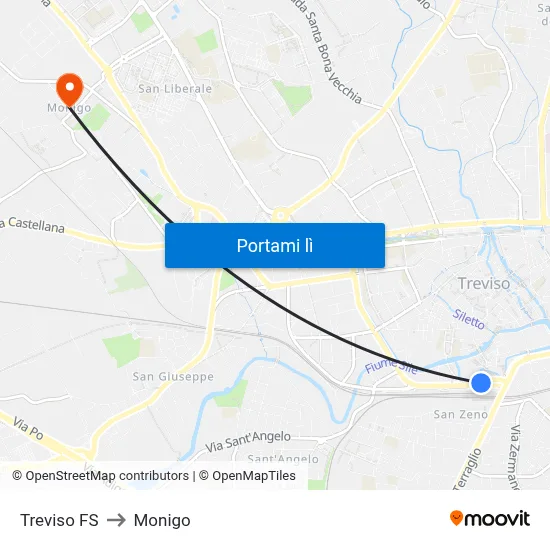 Treviso FS to Monigo map