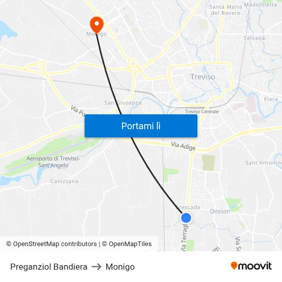 Preganziol  Bandiera to Monigo map