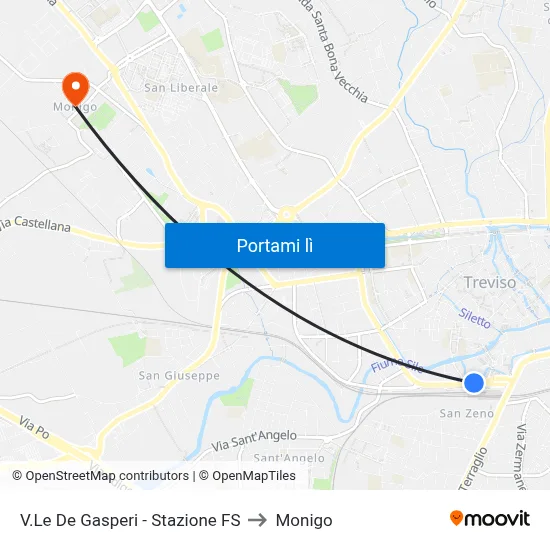 V.Le De Gasperi - Stazione FS to Monigo map