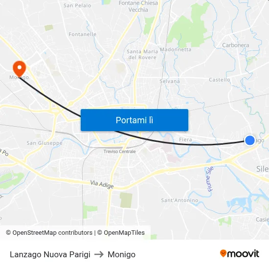 Lanzago Nuova Parigi to Monigo map