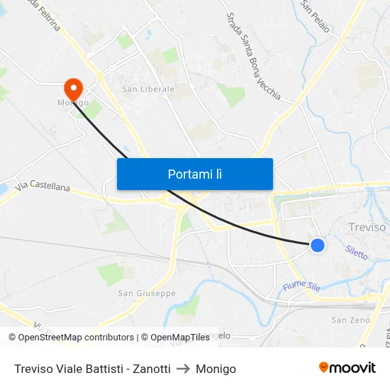 Treviso Viale Battisti - Zanotti to Monigo map