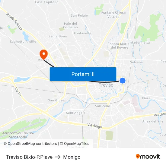 Treviso Bixio-P.Piave to Monigo map