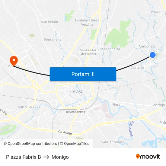 Piazza Fabris B to Monigo map