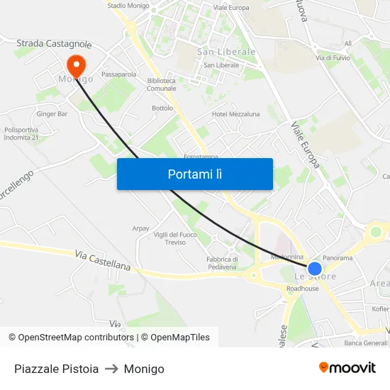 Piazzale Pistoia to Monigo map