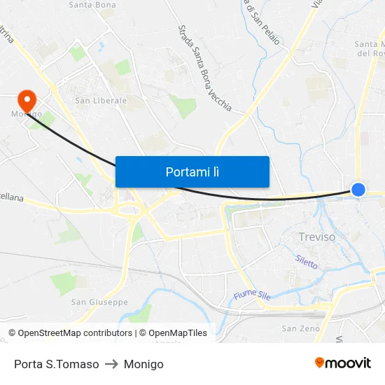 Porta S.Tomaso to Monigo map