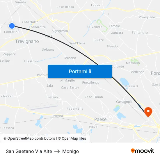 San Gaetano Via Alte to Monigo map