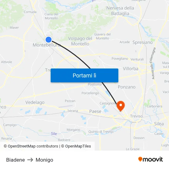 Biadene to Monigo map