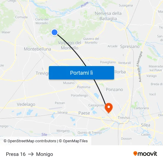 Presa 16 to Monigo map