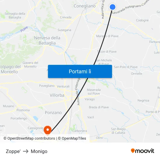 Zoppe' to Monigo map