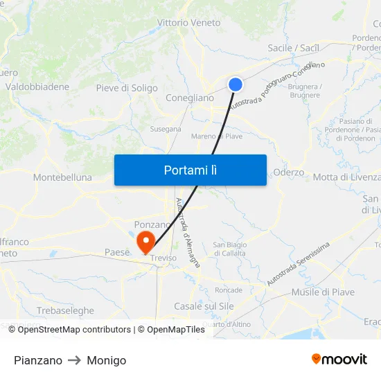 Pianzano to Monigo map
