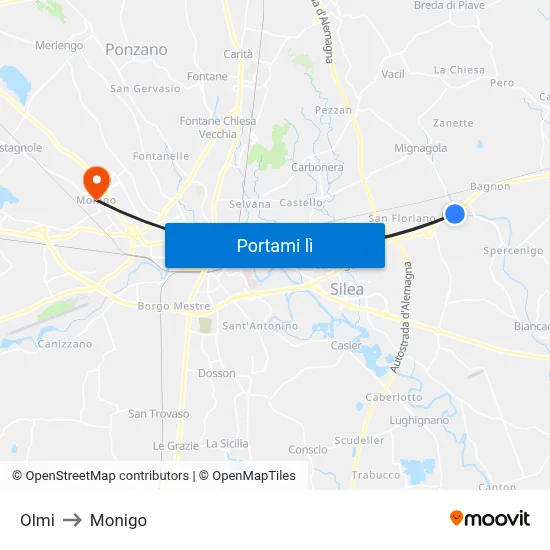 Olmi to Monigo map