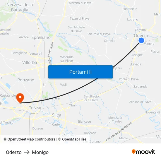 Oderzo to Monigo map