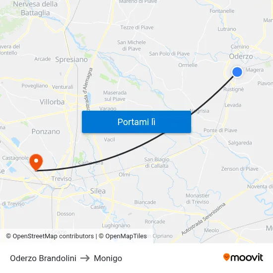 Oderzo Brandolini to Monigo map