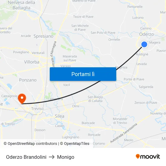 Oderzo Brandolini to Monigo map