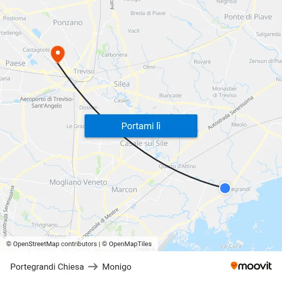 Portegrandi Chiesa to Monigo map