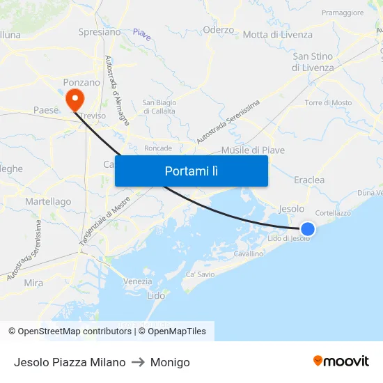 Jesolo Piazza Milano to Monigo map