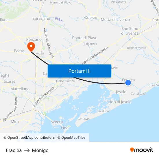 Eraclea to Monigo map