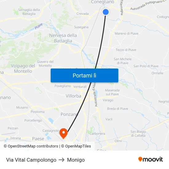 Via Vital Campolongo to Monigo map