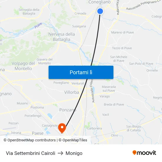 Via Settembrini Cairoli to Monigo map