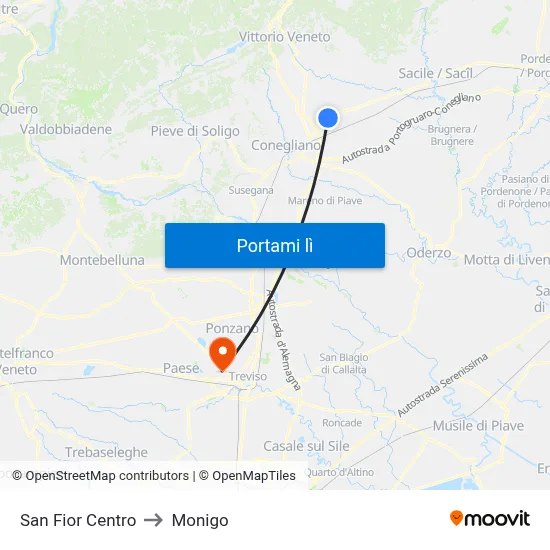 San Fior Centro to Monigo map